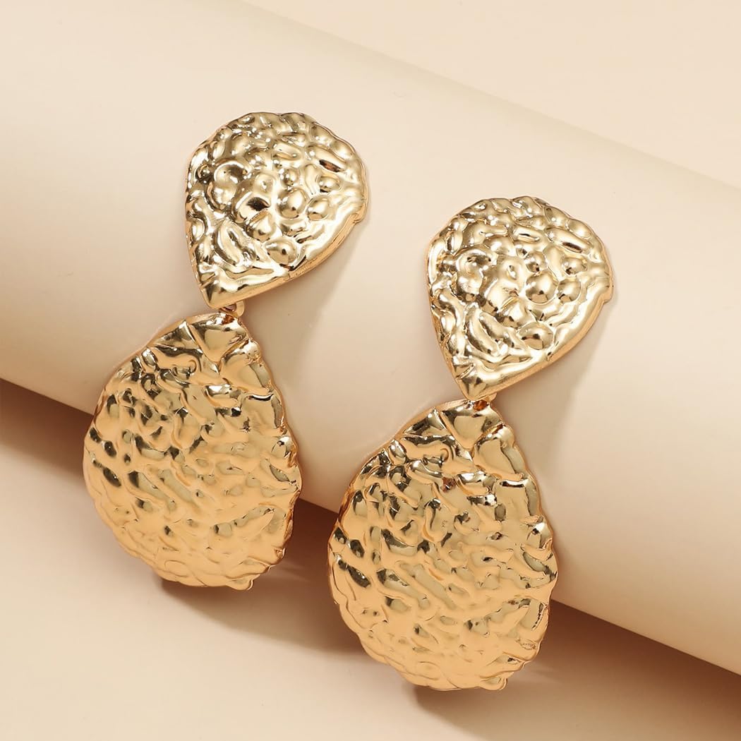 Chunky Gold Hammered Teardrop Dangle Earrings for Women Exaggerated Geometric Large Thick Metal Dangling Earrings Minimalist Statement Jewelry Gift - Image 5