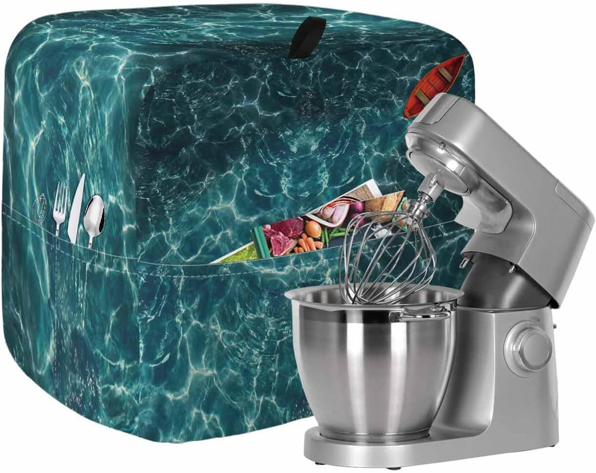 Teal Green Ocean Waves Stand Mixer Cover with Storage Pocket, Waterproof Kitchen Mixer Covers, Red Boat Coastal Kitchen Appliance Dust Cover Compatible with 4/4.5 Quart Mixers