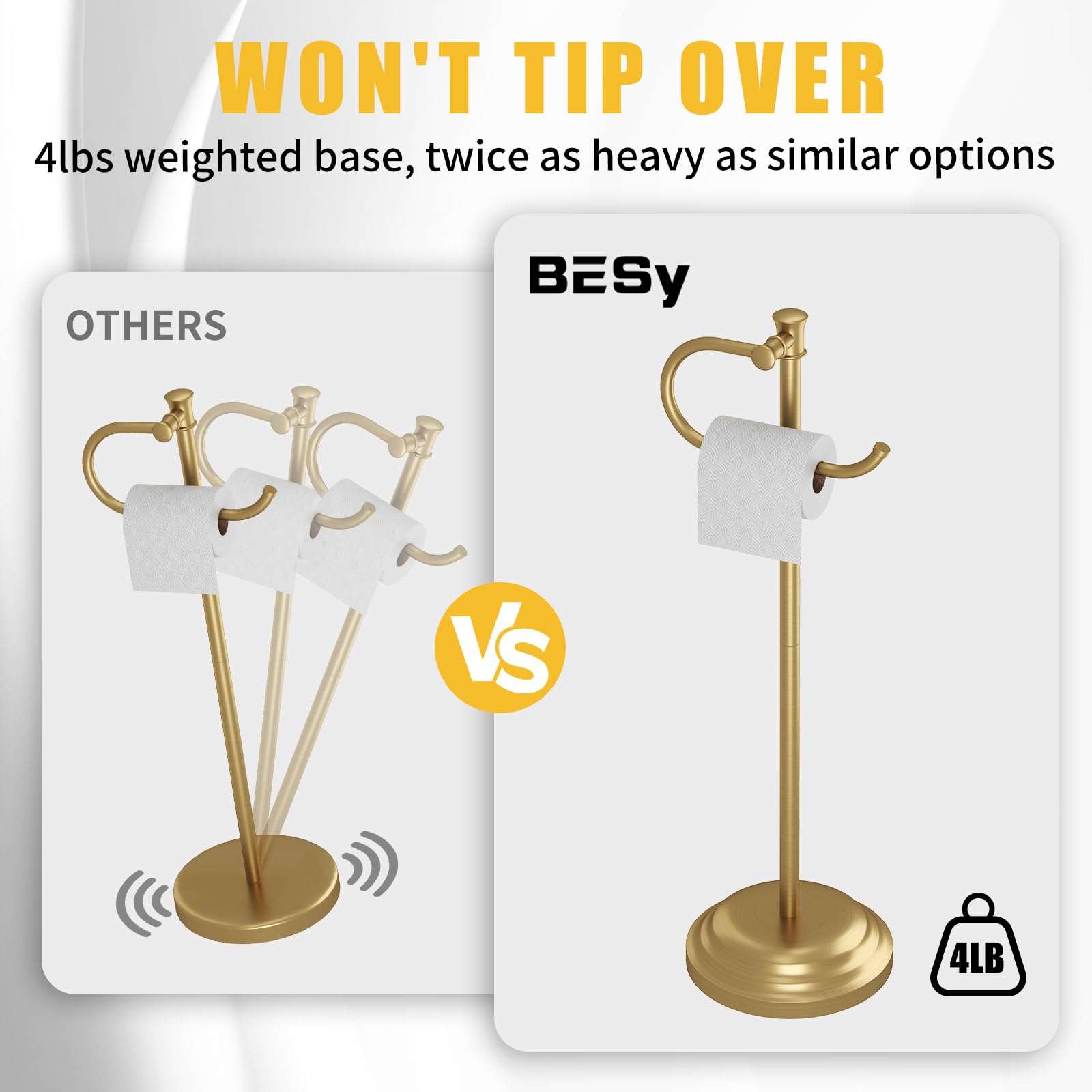 BESy Toilet Paper Holder Floor Stand, Bathroom Freestanding Gold — Amazon image 5