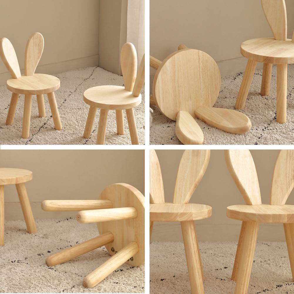 CEWROM Taburete de madera maciza, forma de orejas de conejo, silla infantil con respaldo de orejas de conejo, muebles redondos de madera para niños, para comer, leer y jugar