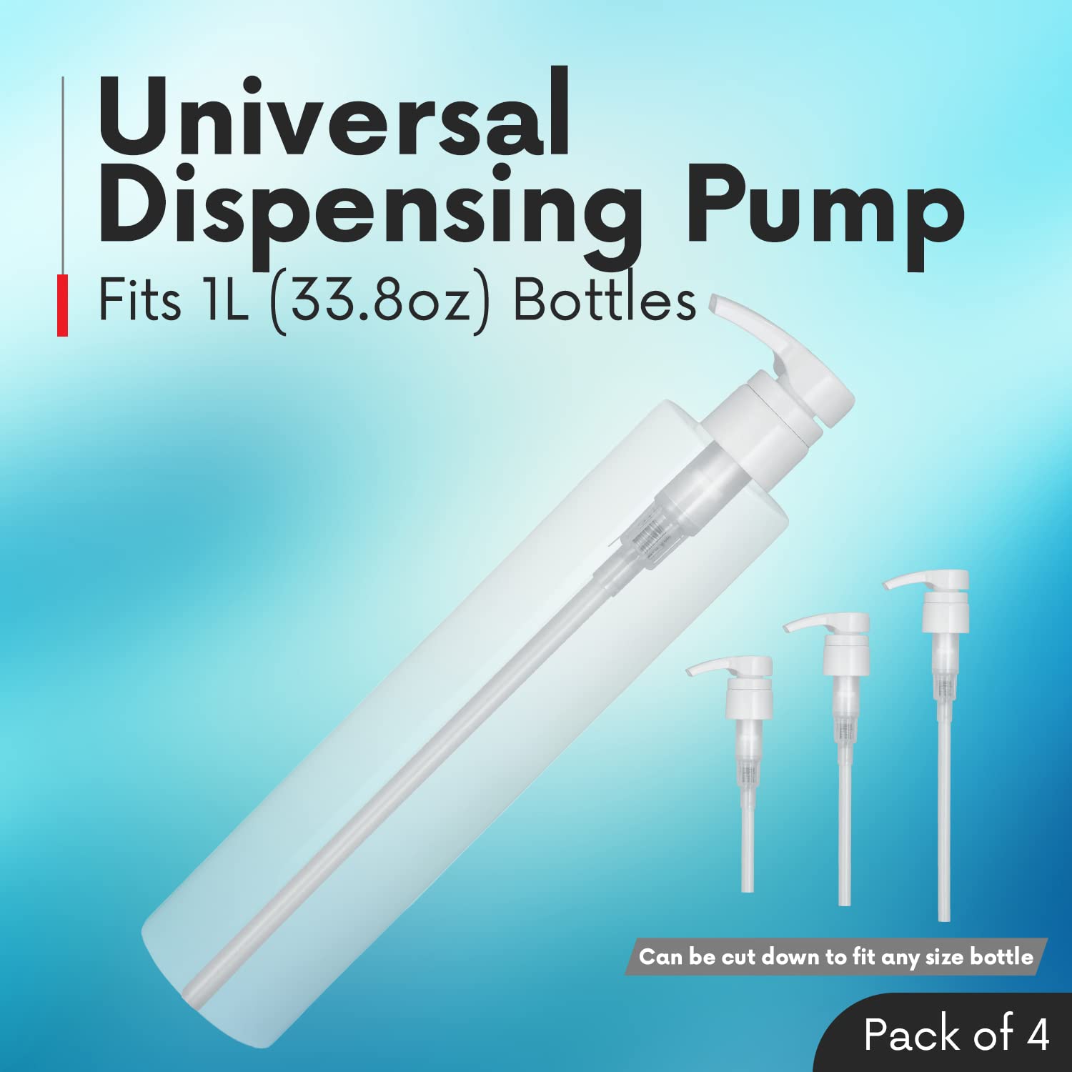 Replacement Pumps for 1 Liter (33.8oz) Bottles, Shampoo and Conditioner with Extra Long Tube (Easy to Cut, to Fit Shorter Bottles) (4 White Pumps)