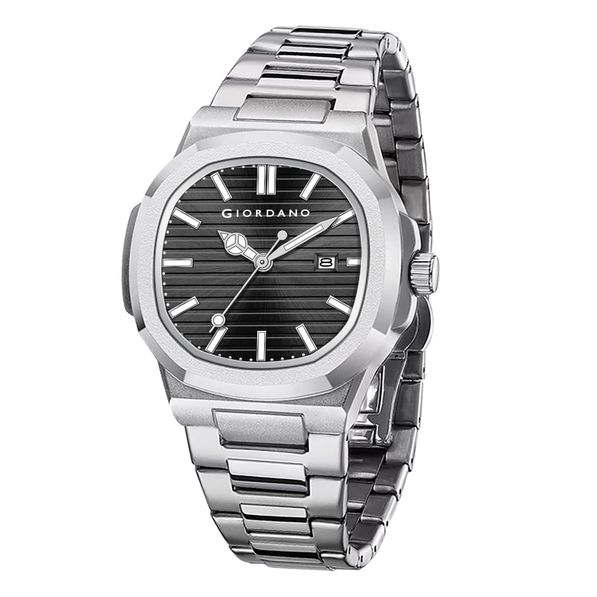 Giordano Analog Watch for Men – Textured Dial, Stainless Steel Strap, Date Display, Quartz Movement, Water Resistant
