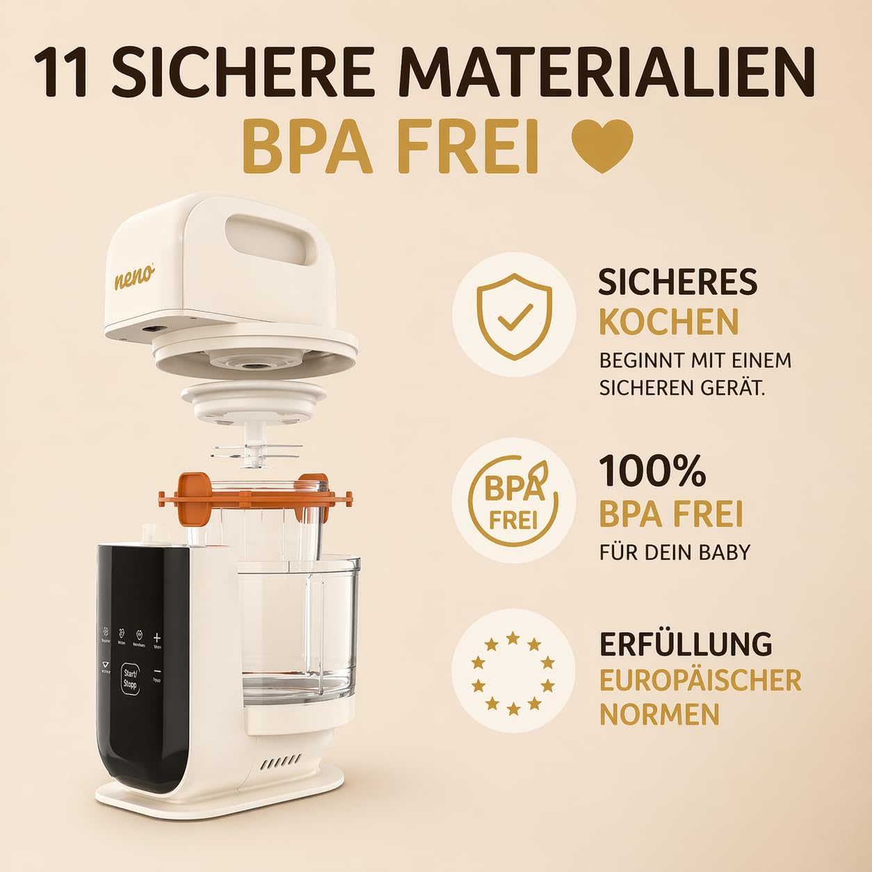Neno Oro Babynahrungszubereiter 4 in 1 - Dampfgarer, Pürieren, Warmhalten, Zerkleinern - 11 Intelligente Kochprogramme