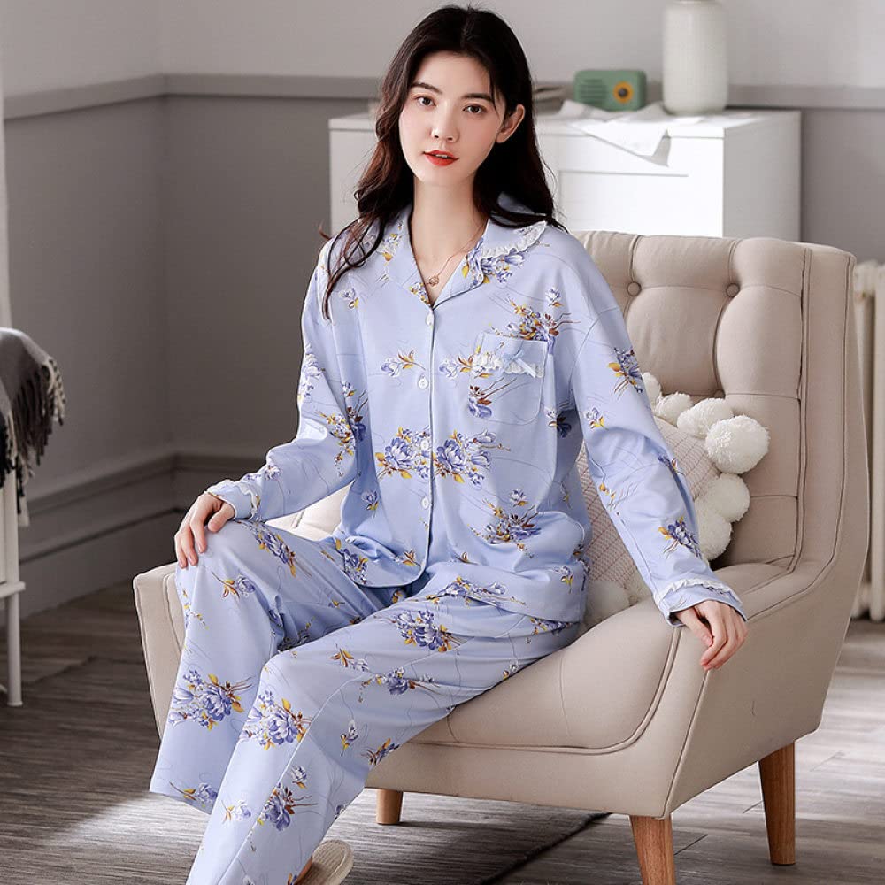 Sexy Schlafanzug Frauen,Damen Pyjama-Sets Hellblaues Modal Revers Gekräuselt Blumendruck Mode Kuschelig Warm Langarm Pjs Top & Unterteile Set Lounge Wear Nachtwäsche Weiche Faultier Nachtwäsche