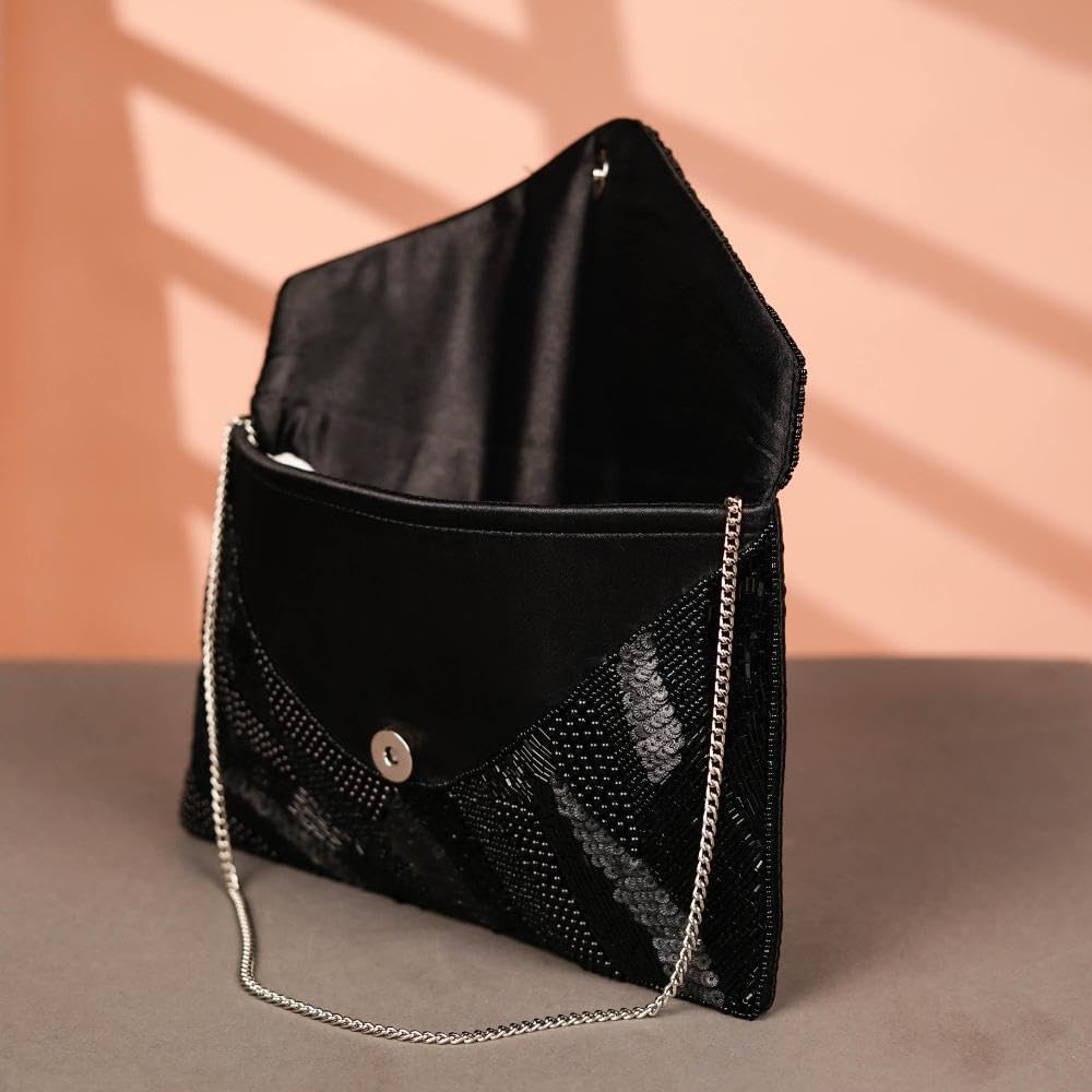 Indian Shelf Black Silver Cotton and Beads Embroidered Beaded Sequin Sling Bags for Women | Luxury Party Handbags | Handmade Boho Ethnic Clutches | Stylish Girls Handbag | Artisan Cotton Purse