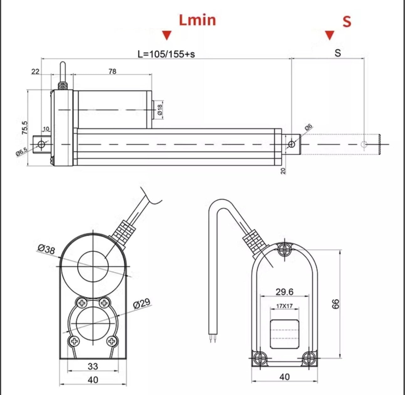 Siłownik liniowy o dużym skoku, 10-1500mm, Wytrzymały 140kg 1400N Maksymalny udźwig, Prędkość 7mm/s, 24V DC, do podnośnika okien sof(Waterproof Stroke 250mm)