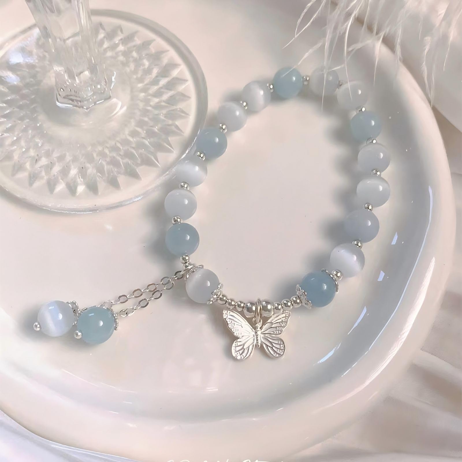 LYGBAOFUL Pulsera elástica, Piedra de Ojo de Gato, Pulsera de Aguamarina para Mujer, Cuentas de Cristal Natural, Regalo de joyería