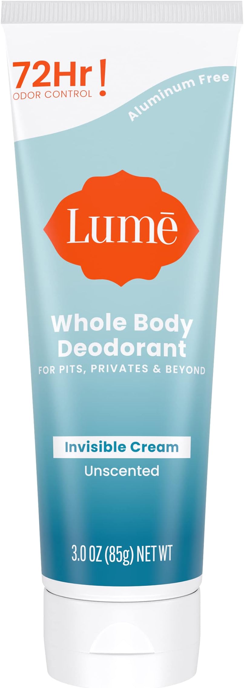 Lume Whole Body Deodorant - Invisible Cream Tube - 72 Hour Odor Control - Aluminum Free, Baking Soda Free, Skin Safe - 3.0 ounce (Unscented)