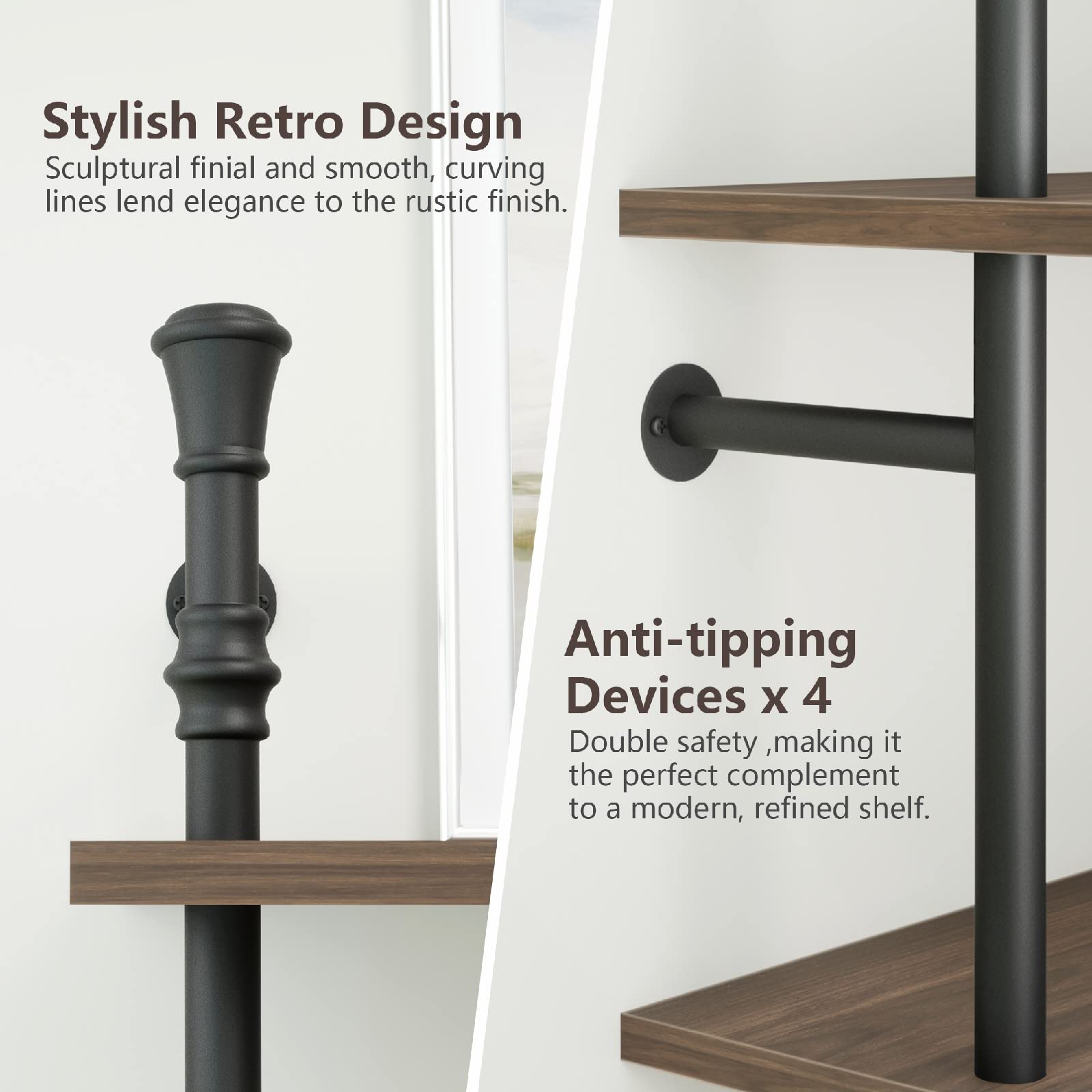 Realyoo 5 Tier Industrial Bookshelf, Open Wall Mounted Ladder Vintage Bookcase, Rustic Wood and Metal Book Shelf, Tall Modern Book Case for Office Home Living Room Bedroom Kitchen Bathroom - Walnut