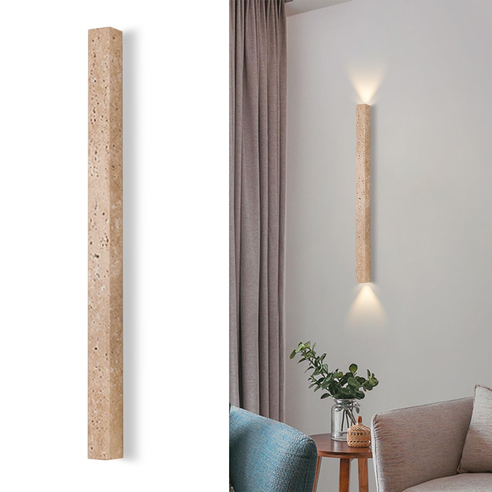 SXWNBIFH Natural Travertine Long Strip Wall Sconce, Minimalist Linear Wall Lamp, Up-Down Ambient Lighting, Wabi-Sabi Stone Wall Light for Hallway Staircase Living Room Bedroom(60cm)