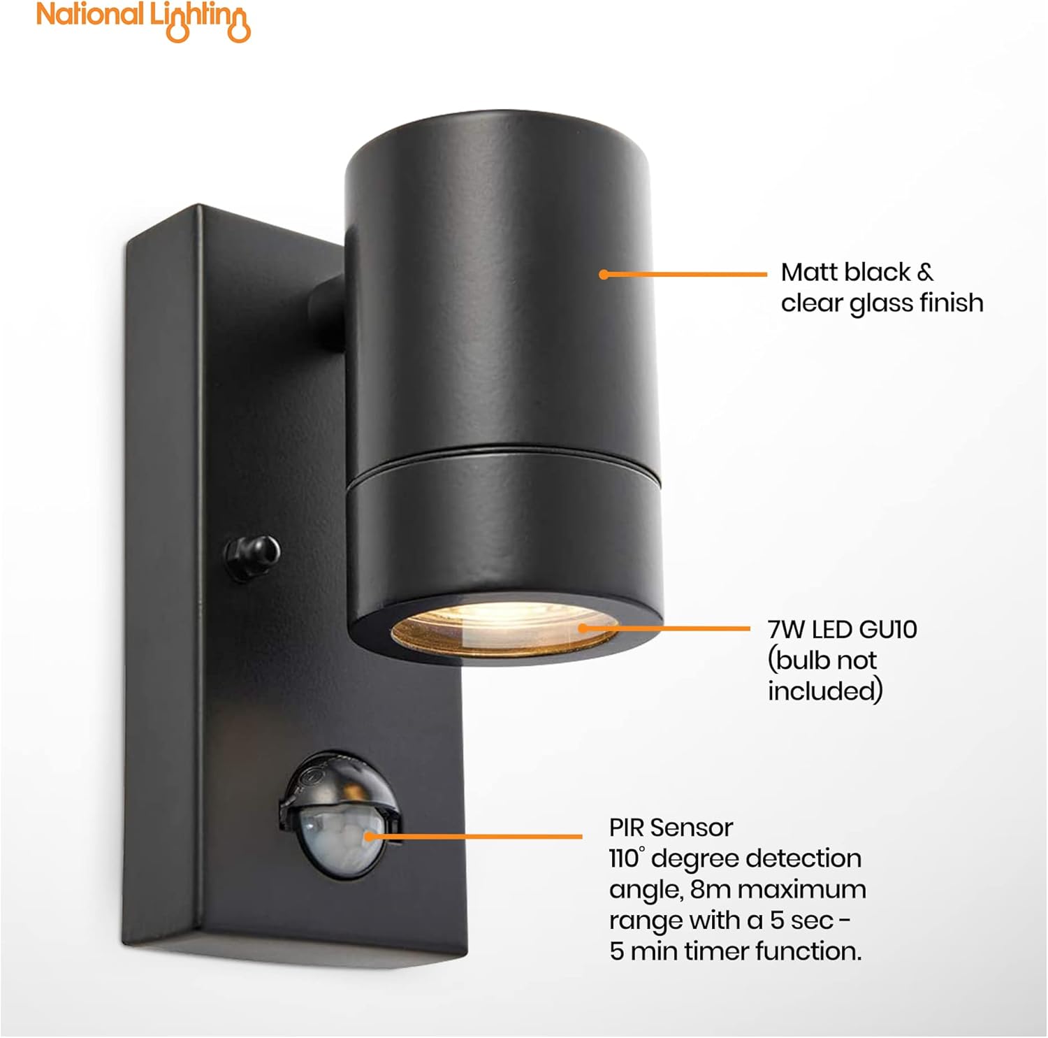 National Lighting PIR Outside Lights - Outdoor Security Lights - Matt Black Motion Sensor Presence Detector External Lantern Light - IP44 Rated 7W 240V LED GU10 Lamp (Not Included) 4 61qd0QHh9KL. AC SL1500