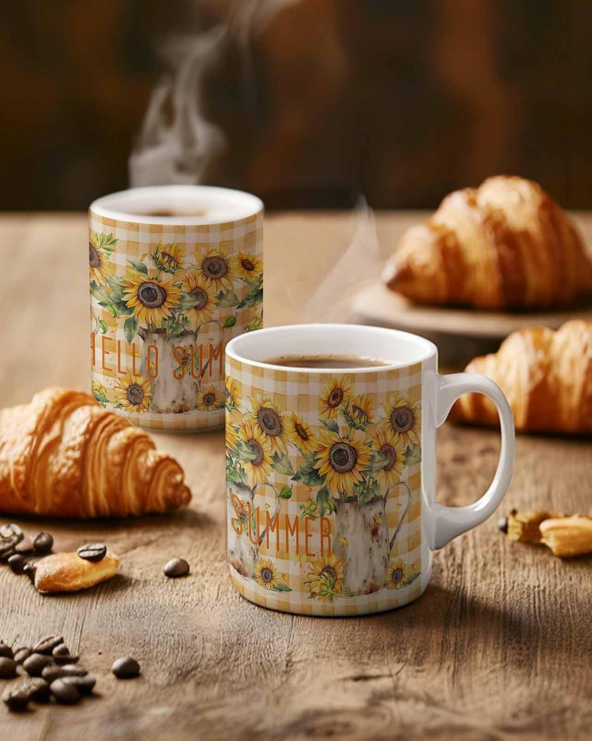 BEMIGO Ceramic Coffee Mug Farmhouse Sunflower Plaid Ceramic Mug White Cup, Fall Summer Insulated Coffee Cup with Handle with Pattern Perfect for Tea and Hot Beverages, 12oz