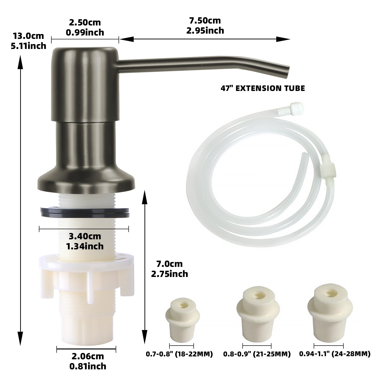 Dispensador de jabón para fregadero de cocina, dispensador de jabón integrado para fregadero, bomba dispensadora de jabón de encimera con kit de tubo de extensión de 47 pulgadas, no es necesario