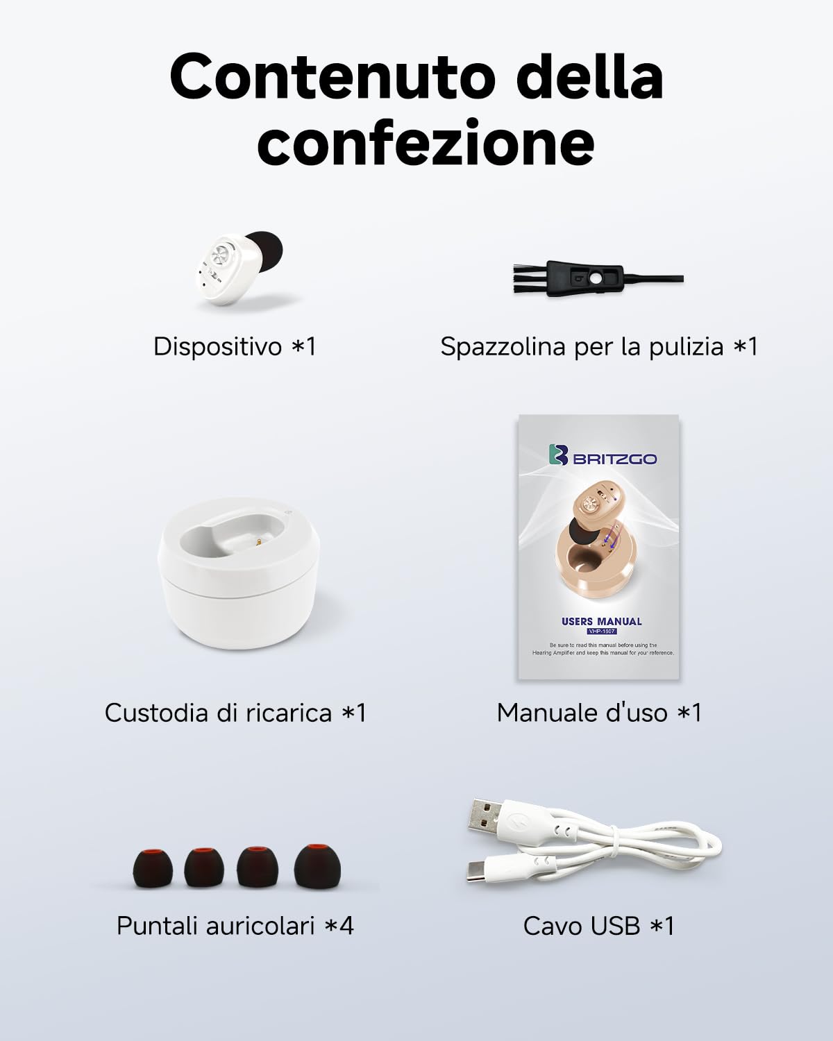 Britzgo Amplificatore Acustico VHP-1607 con Riduzione Intelligente del Rumore, Custodia di Ricarica Portatile, Design Ergonomico a L, Autonomia fino a 48 Ore e Ricarica USB (Bianco)