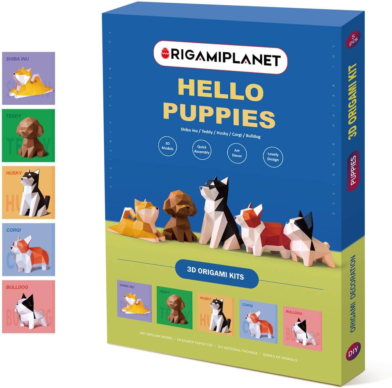Hello Puppies 3D Origami Paper Craft Gift Set- 5 pcs, Husky/Corgi/Shiba Inu/Bulldog/Teddy Pre-Cut Origami Kit, Cute Animal Paper Sculpture for Teens & Adults, Home Decor DIY Art Gift