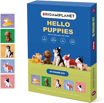 ORIGAMIPLANET Hello Puppies 3D Origami Paper Craft Gift Set- 5 pcs, Husky/Corgi/Shiba Inu/Bulldog/Teddy Pre-Cut Origami Kit, Cute Animal Paper Sculpture for Teens & Adults, Home Decor DIY Art Gift