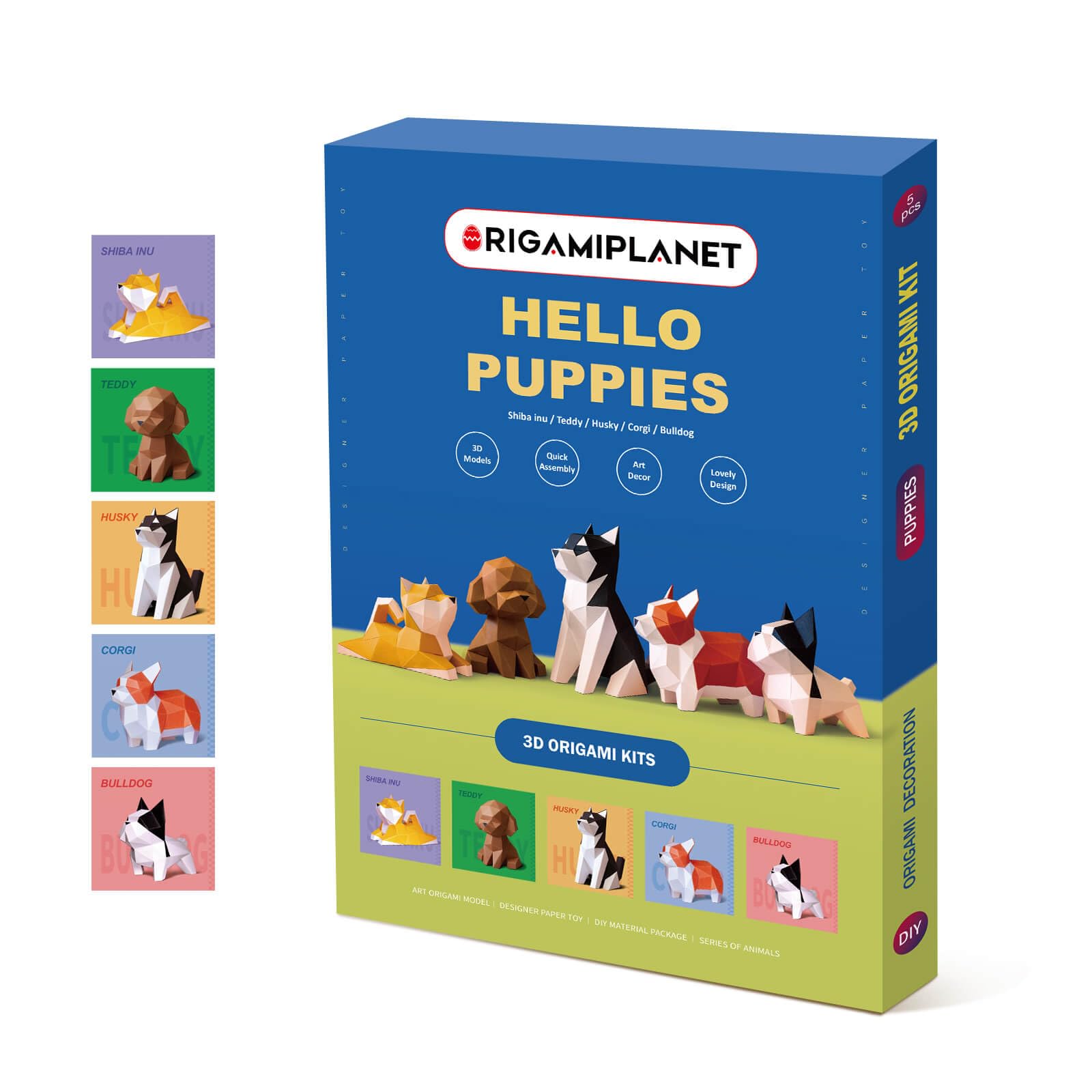 Hello Puppies 5er Set, 3D Hunde Papier Bastelset mit Shiba Inu, Teddy, Husky, Corgi & Bulldog, DIY Papercraft Geschenk für Erwachsene & Jugendliche ab 14 Jahren