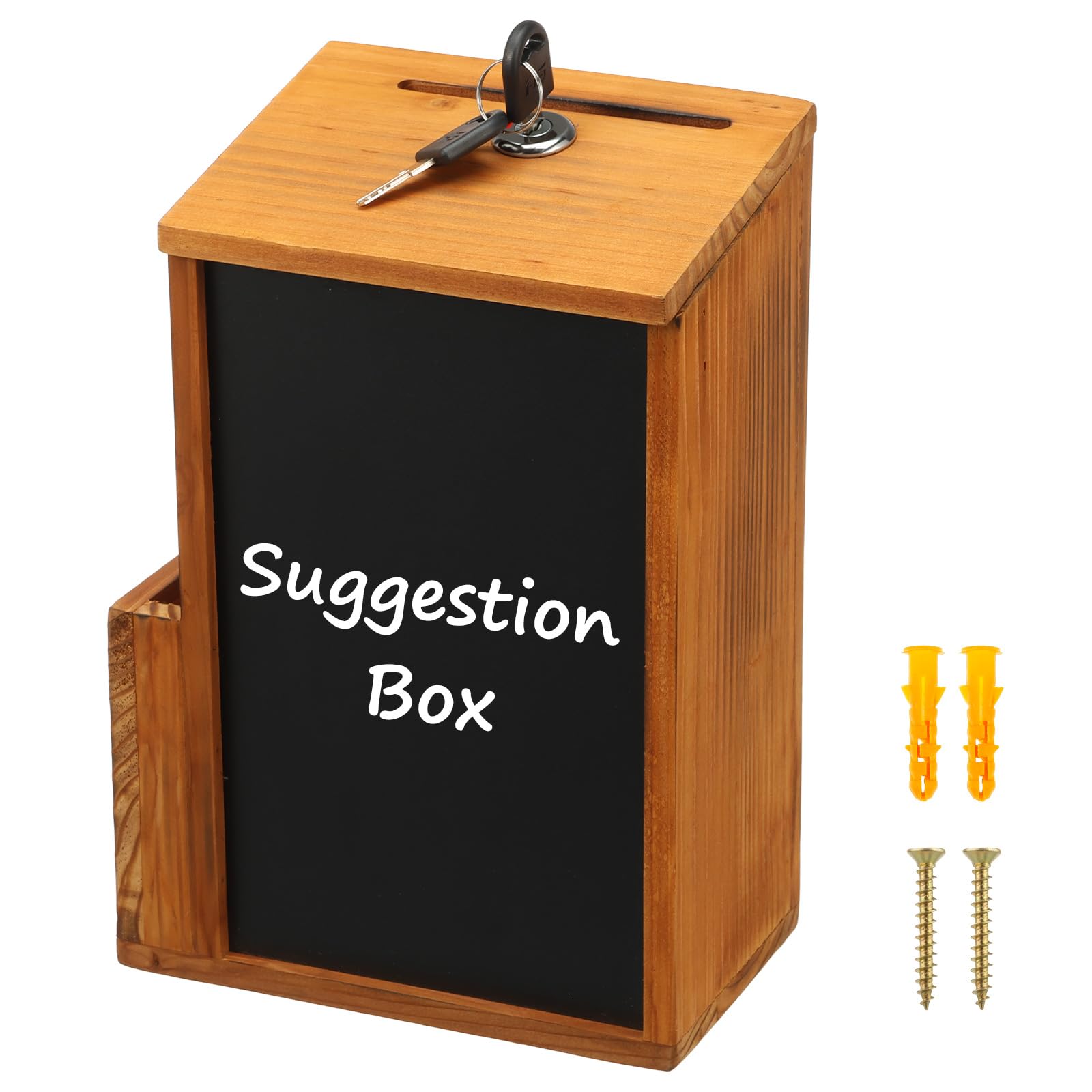 Wooden Suggestion Box with Slot and Lock - Wall Mounted & Countertop Lockable Donation Box with Chalkboard for Charity Fundraising, Ballot, Feedback Comment, Prayer Request, for Home Office Church