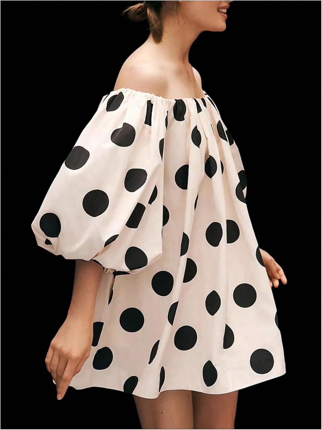 Verdusa Women's Polka Dots Off The Shoulder Dress Lantern Sleeve Loose Straight Mini Dresses - Image 3