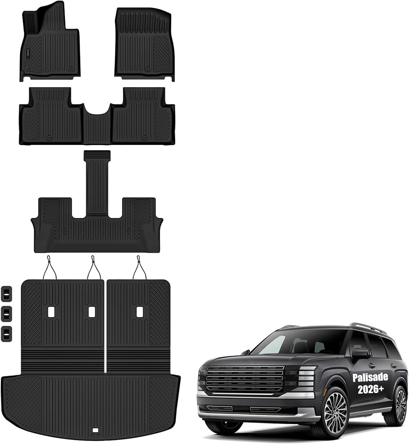 Auxko All Weather Cargo Mat & Back Seat Protector Fit for Hyundai Palisade 2026 7/8 Seaters TPE Rubber Trunk Liner Accessories Odorless Anti-Slip Cargo Tray