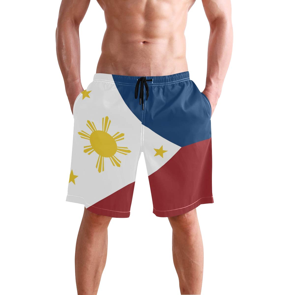 DerlonKaje Pinoy Filipino Flag Stars and Sun Swim Trunks Summer Beach Shorts Pockets Boardshorts Men Mesh Lining