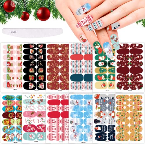 12 Feuilles 3D Autocollants pour Ongle Nail Sticker Auto-Adhésives,HOINCO 3D Nail Art Stickers Autocollants avec 1 Pcs Lime à ongles,pour décoration d'ongles de Noël Cover