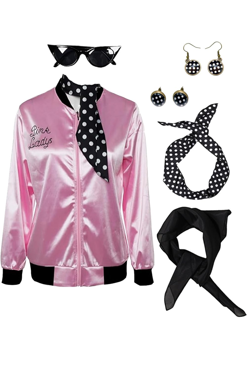50s Outfit Femme Set Veste en satin rose avec accessoires pour Halloween Carnaval