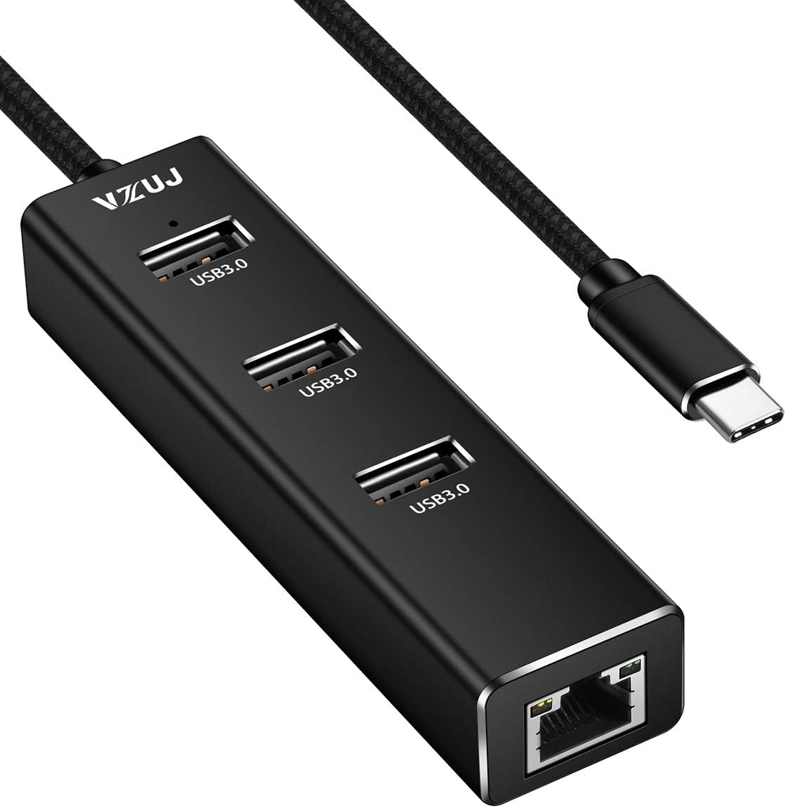 USB C to Ethernet Adapter,VZUJ Aluminum Type C Ethernet Hub with 3 USB 3.0 Port,USB C to USB 3.0 Hub with RJ45 10/100/1000Mbps Wired Network LAN Port Compatible MacBook Pro, HP Spectre More
