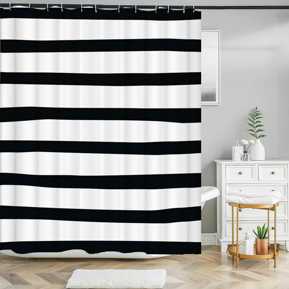 Cortina de Ducha 240 x 200 cm Poliéster con Ganchos, Diseño de Rayas Blancas y Negras, Moderna, Sencilla, Impermeable, con Estampado Geométrico, Lavable A Máquina, 240 x 200 cm (1 Paneles)