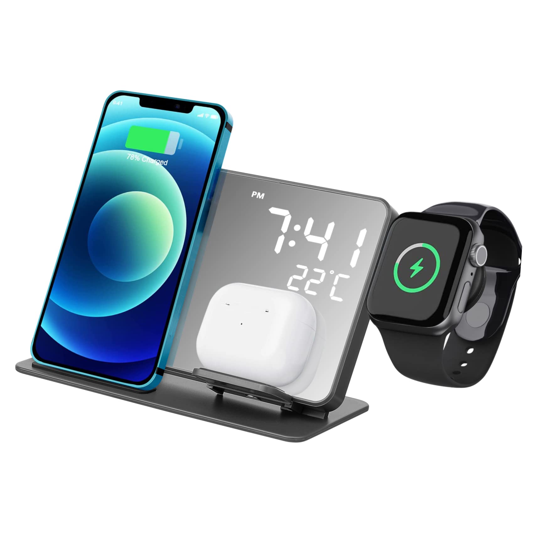 Station De Charge sans Fil Support Chargeur Rapide pour Téléphone Montre Écouteurs avec Horloge Digitale Et Affichage Température