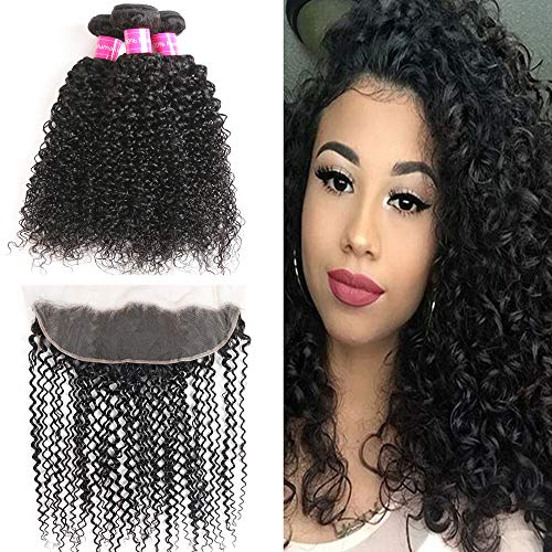 Brazilian Virgin Kinky Curly Hair 3 Bundles with 13x4 Lace Frontal Closure.100% Unprocessed Human Virgin Curly Hair Weave Natural Color (14 16 16+14 Frontal)