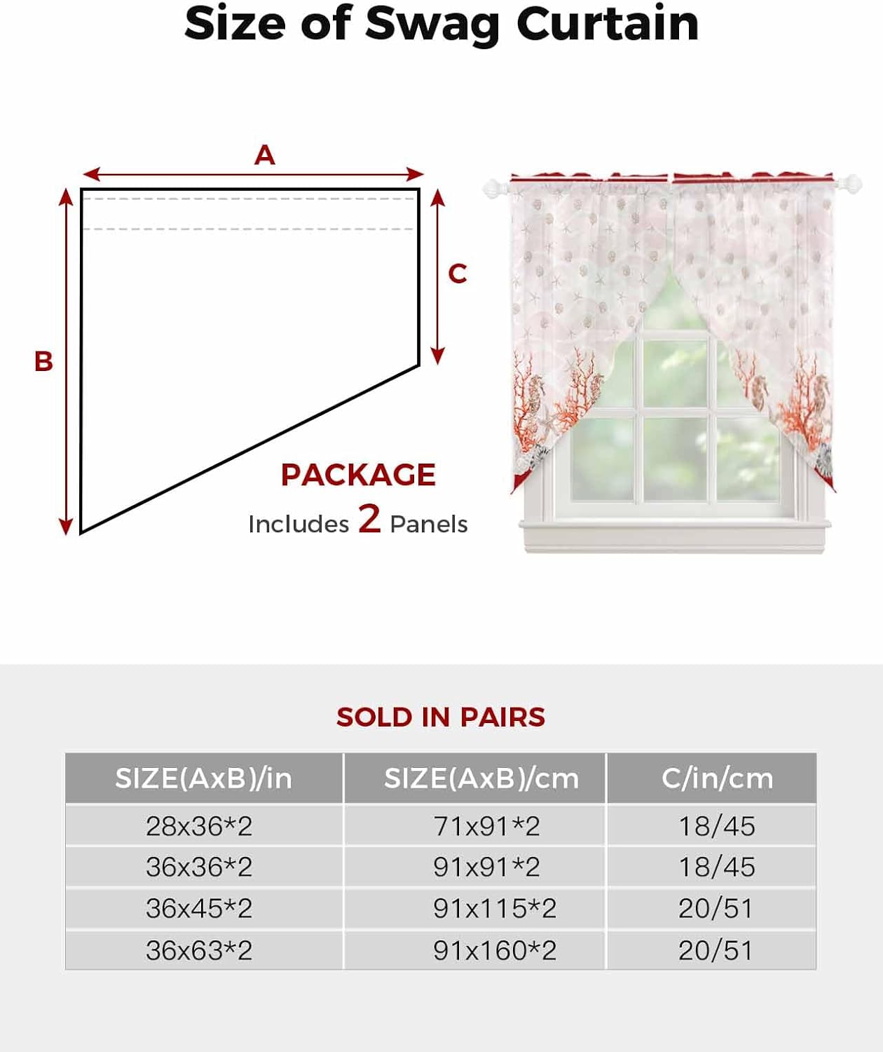 Red Coastal Shell Swag Valances for Windows, Scalloped Sheer Kitchen Swag Curtains Rod Pocket Voile Nautical Seahorse Coral Stripes Topper Curtains for Living Room Cafe Bedroom, 36"x45", 2 Panels