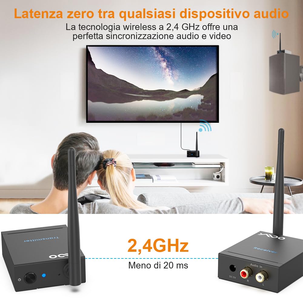 YMOO Trasmettitore Ricevitore Audio Wireless per TV, 2,4GHz Adattatore Bluetooth per Subwoofer, 100m, Jack da 3,5 mm e RCA, Bassa Latenza per Musica da PC a Hifi Stereo/Casse Attivo/CD