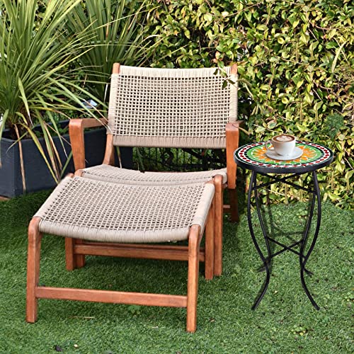 Vipush Mosaic Outdoor Side Table, 14" Round Folding End Table, Patio Accent Table Indoor Plant Stand For Living Room,Geramic Table Top Black Iron,Green Yellow #TOP5