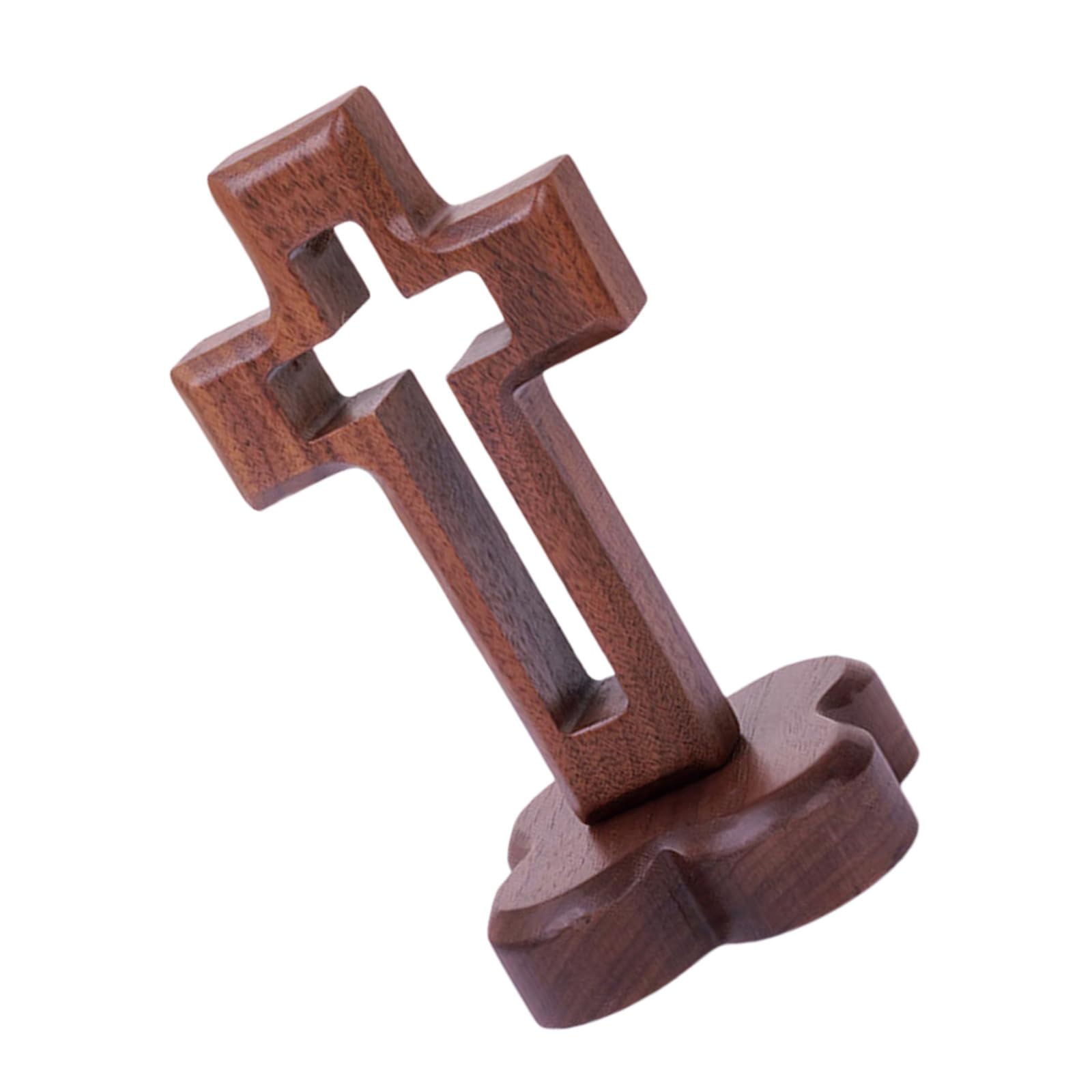 Kelisdi Wooden Crucifix Decoration Hollow Walnut Standing Crosses Craft With Stand For Tabletop Spiritual Displays Walnut Crosses With Base Stand