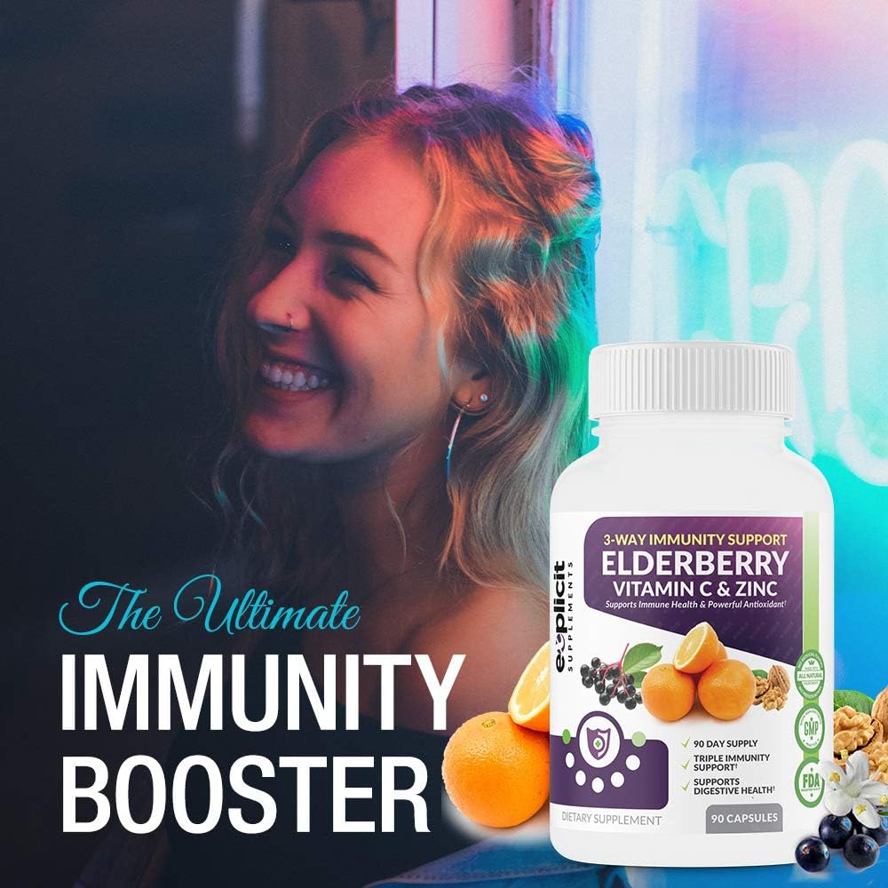 All Natural Elderberry, Vitamin C & Zinc Supplement - Triple Immunity Booster - Extra Strength 3 Month Supply - Supports Immune Health - Made in USA