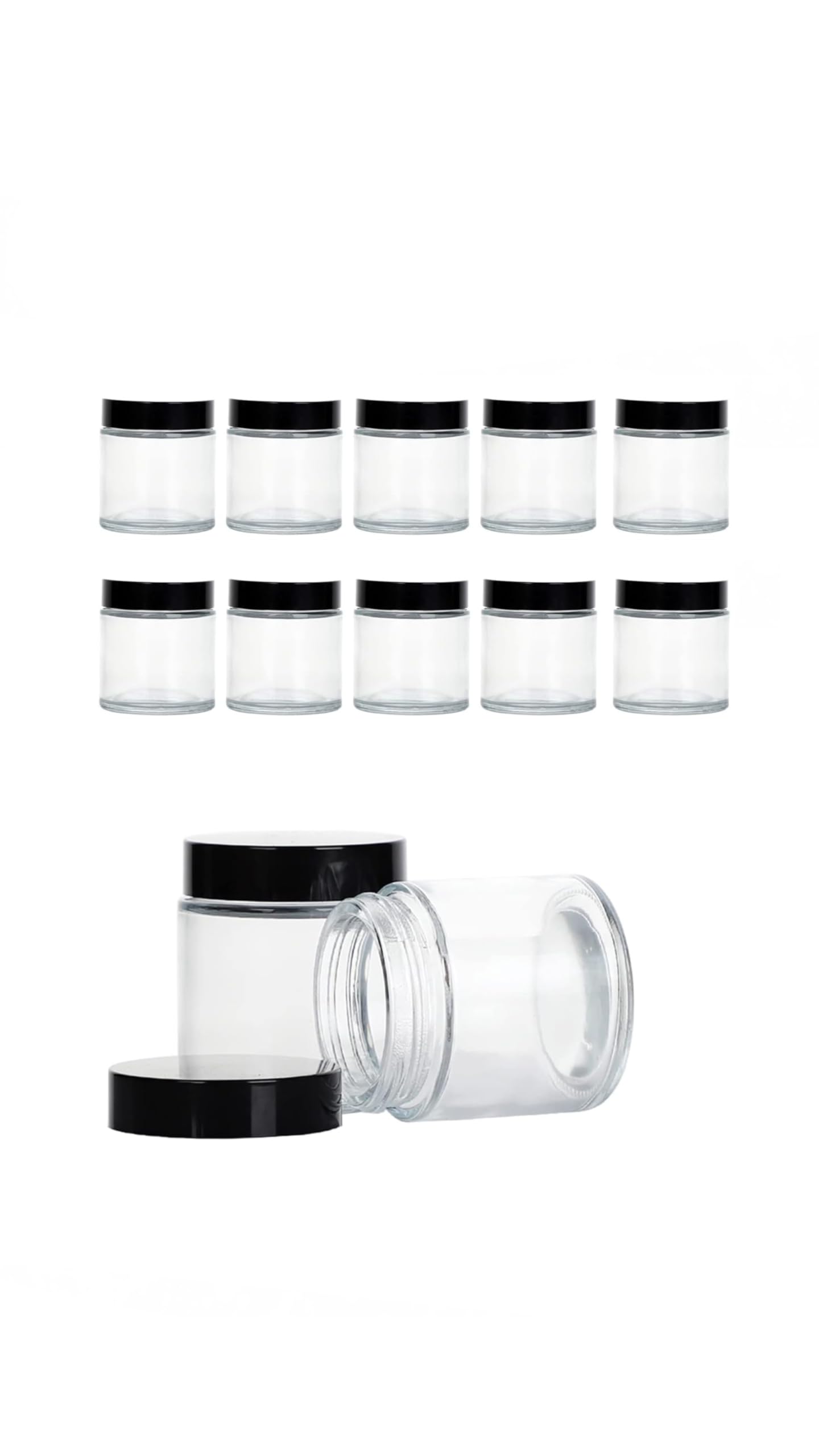 3.5oz Glass Jars with Lids (12 Pack) - Clear Empty Cosmetic Containers - Airtight Glass Jar with Black Lids for Lotions, Powders, Ointments