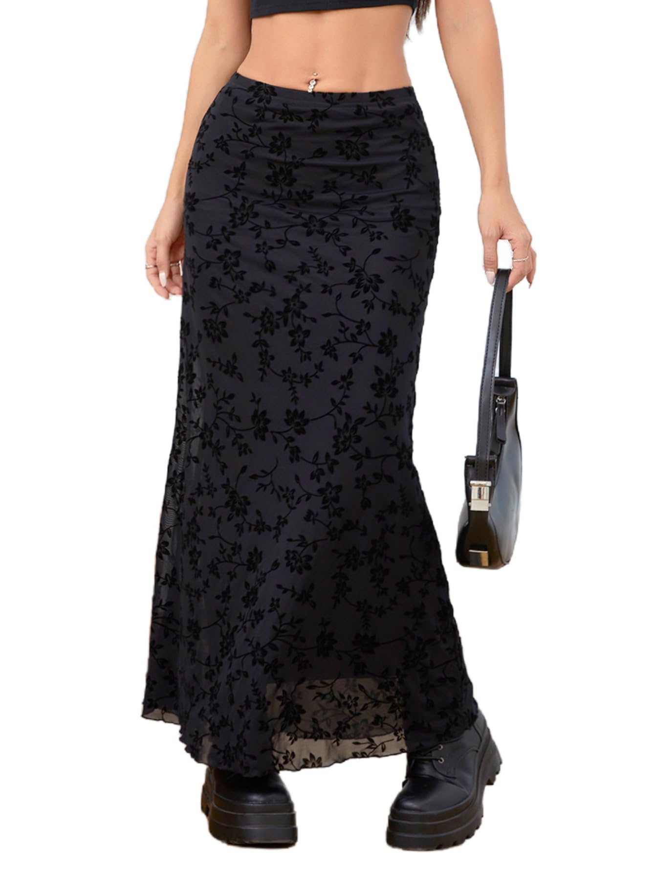 Milumia Womens Floral Print Mesh Long Skirt Low Waisted Y2k Flare Hem Fishtail Skirts