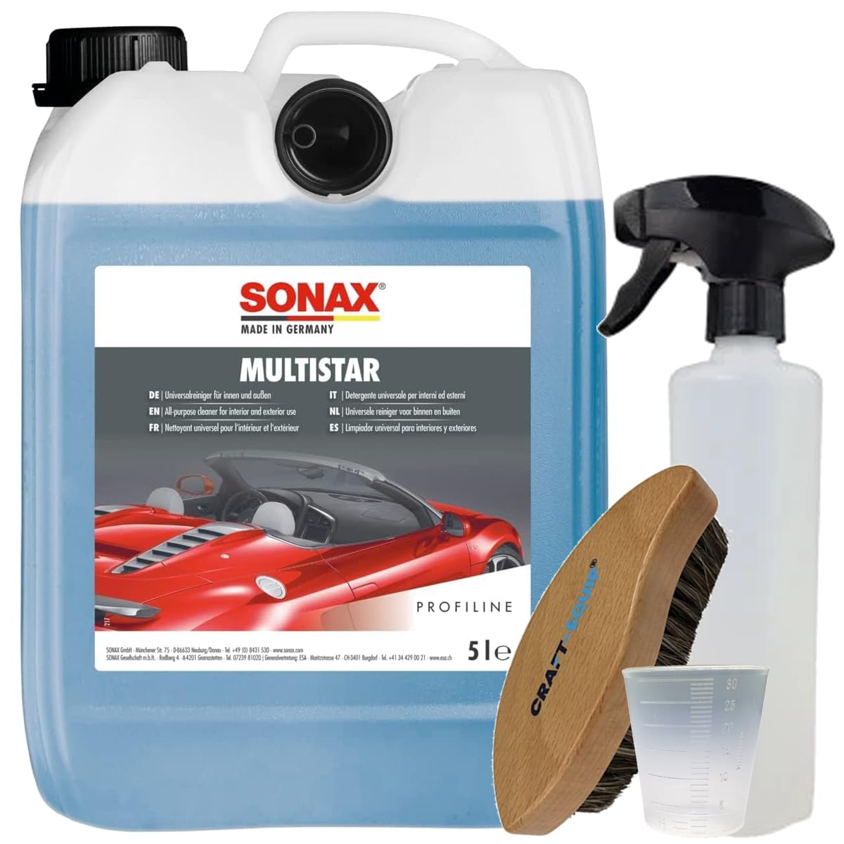 Reinigungs-Set bestehend aus dem SONAX 5 Liter Profiline Multistar + Zubehör (Sprühflasche, Lederbürste, Messbecher)