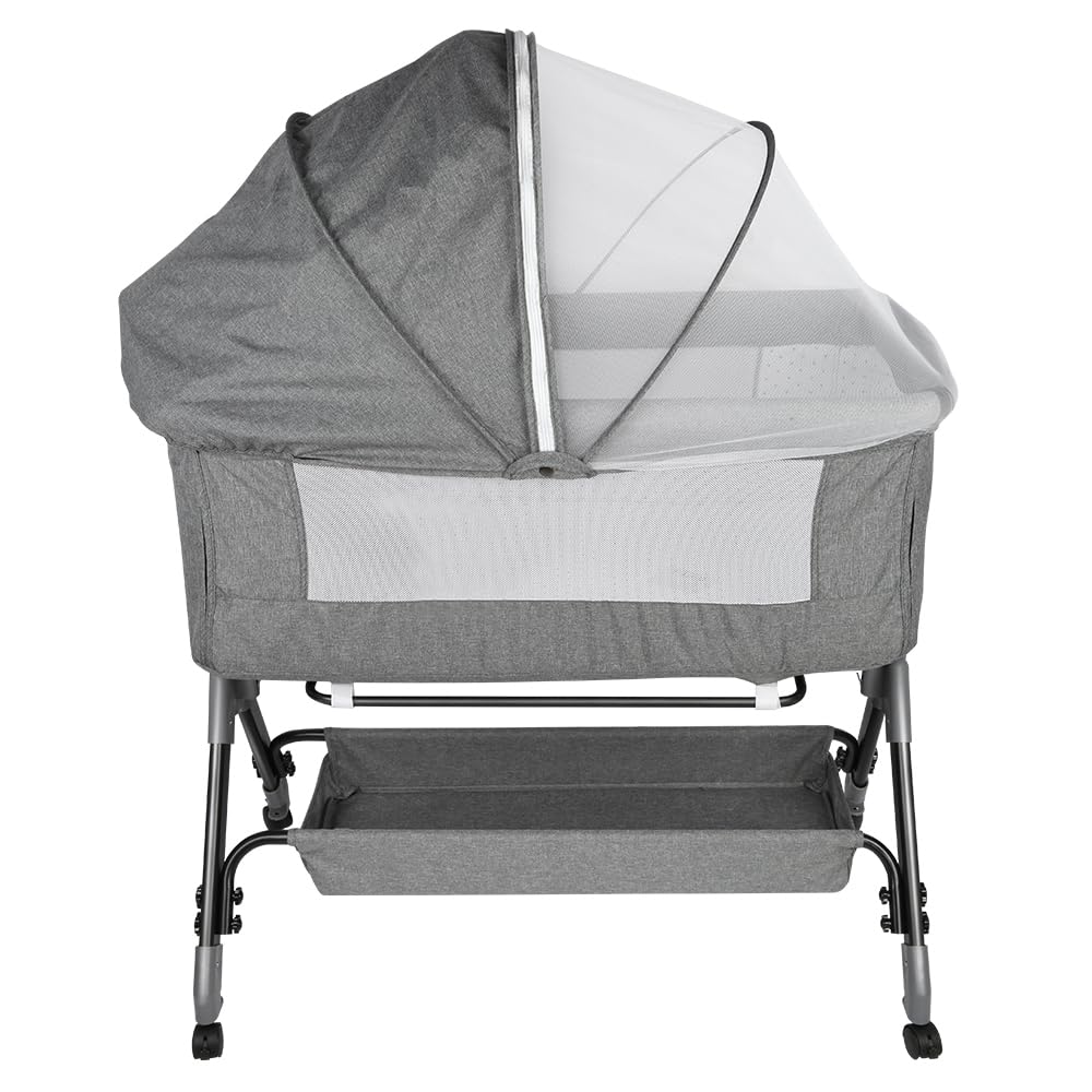 LANTUS 3 in 1 Beistellbett Baby,Stubenwagen mit Aufbewahrungskorb für Zuhause und Unterwegs,Babybett mit Weich Matratze Kinderbett,Tragbares Kinderbett 4 Rädern, 104 x 52 x 100–110 cm – Leinengrau