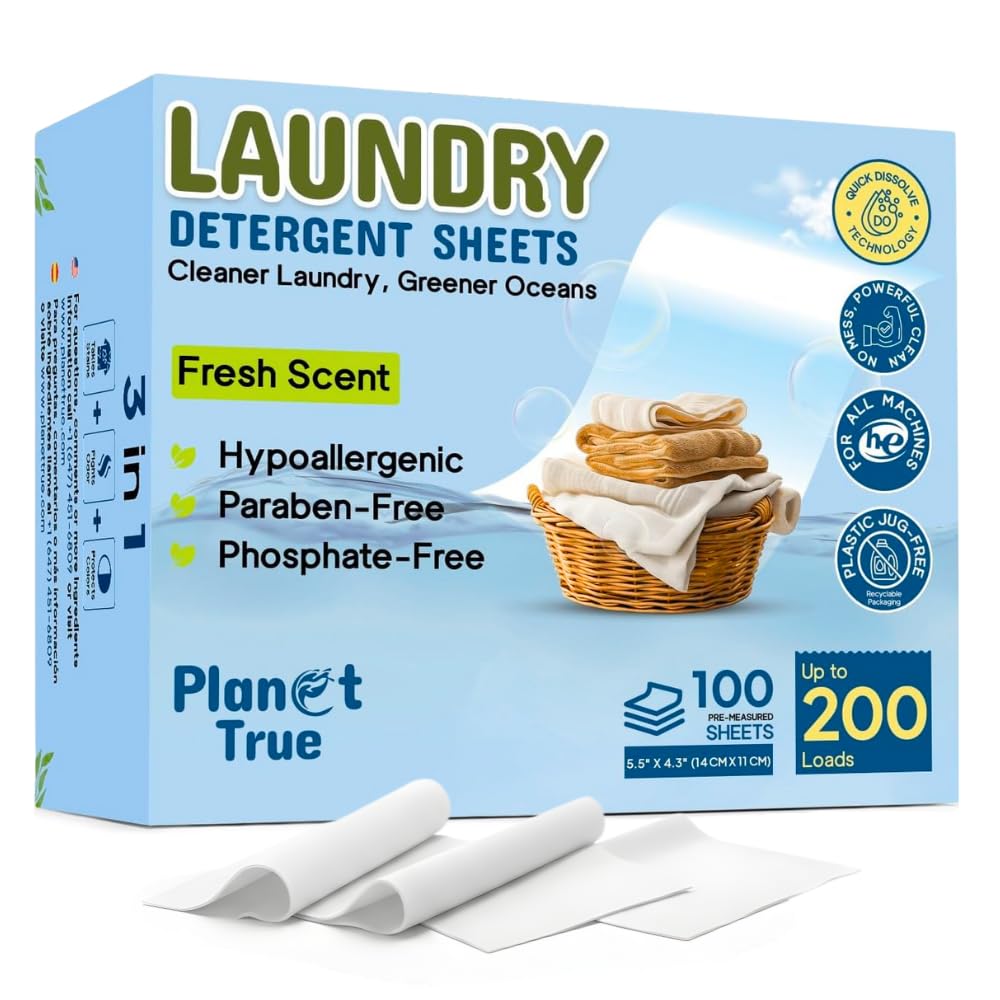 Planet True Eco-Friendly Laundry Detergent Sheets, 200 Loads (100 Sheets) Fresh Scent, Compact travel laundry sheets, Plastic-Free detergent sheet,