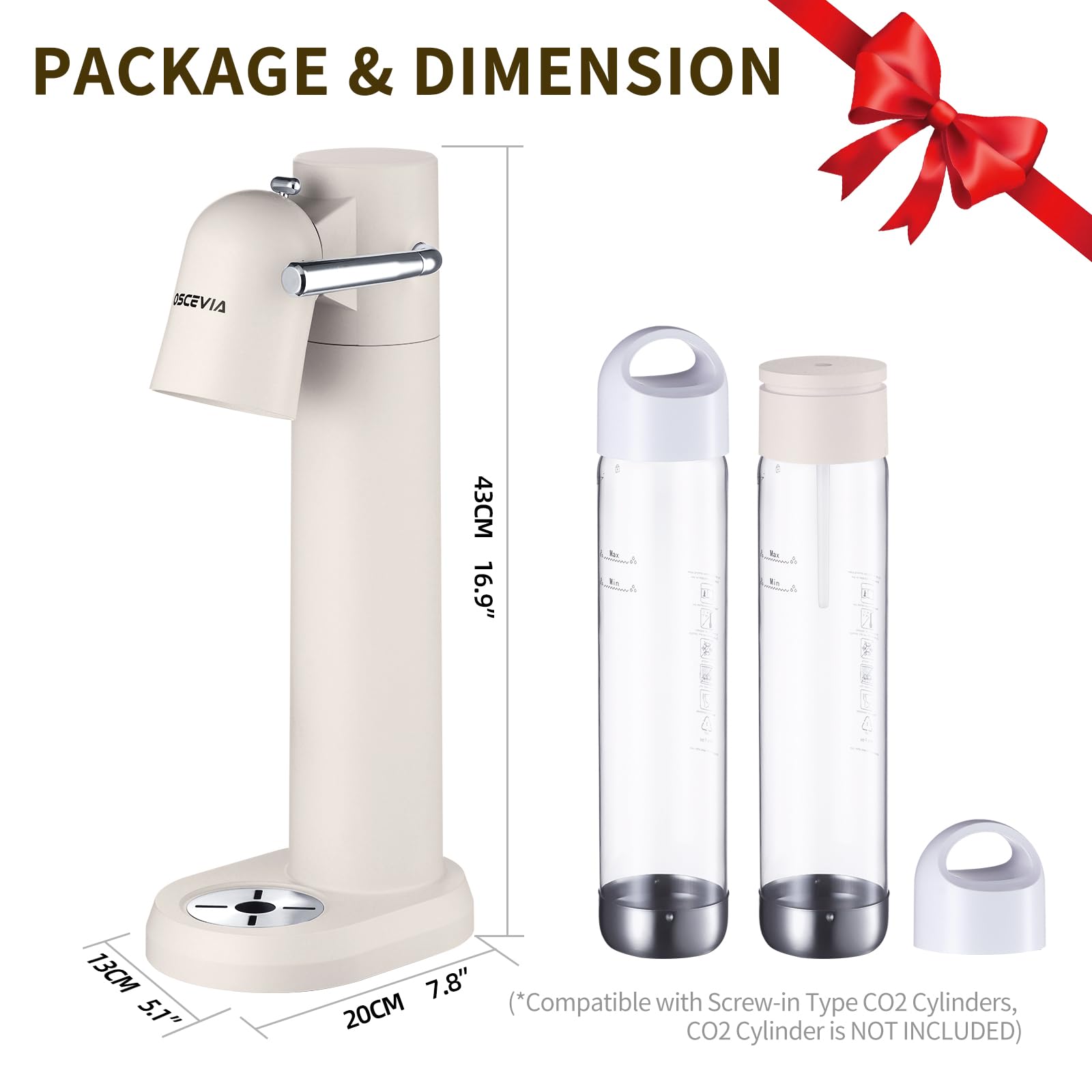 Máquina de agua con gas, seltzer y carbonatador para bebidas, dispensador de vapor de soda, máquina carbonatadora con 2 botellas sin BPA (1 L), compatible con cilindro de CO2 atornillado de 60 L (no