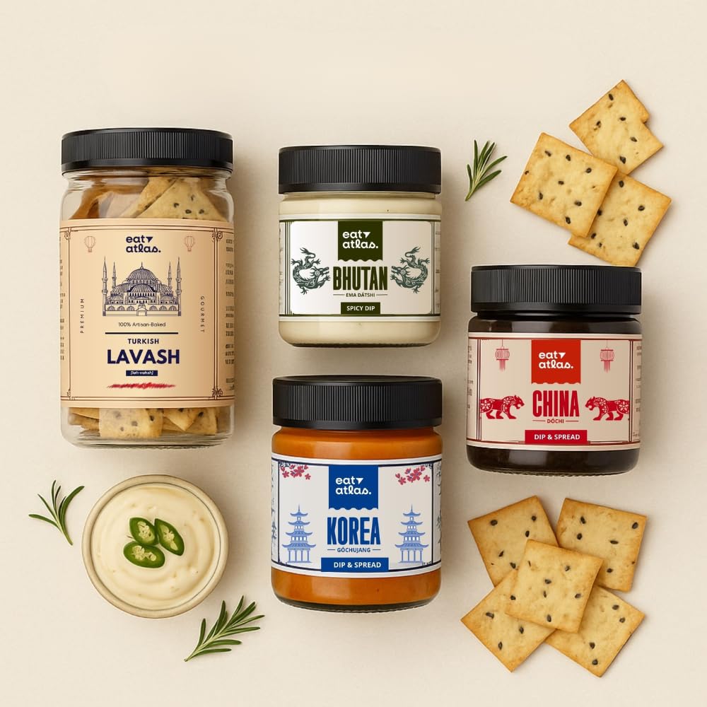 Eat Atlas Gochujang, Ema Datshi, Dochi & Lavash Chips| Korean Cheesy, Bhutanese Chilly, China Black Bean Dip, And Crispy Lavash Chips Combo | Ready-to-eat (Pack of 3 Dips & 1 lavash) (200 gms each)