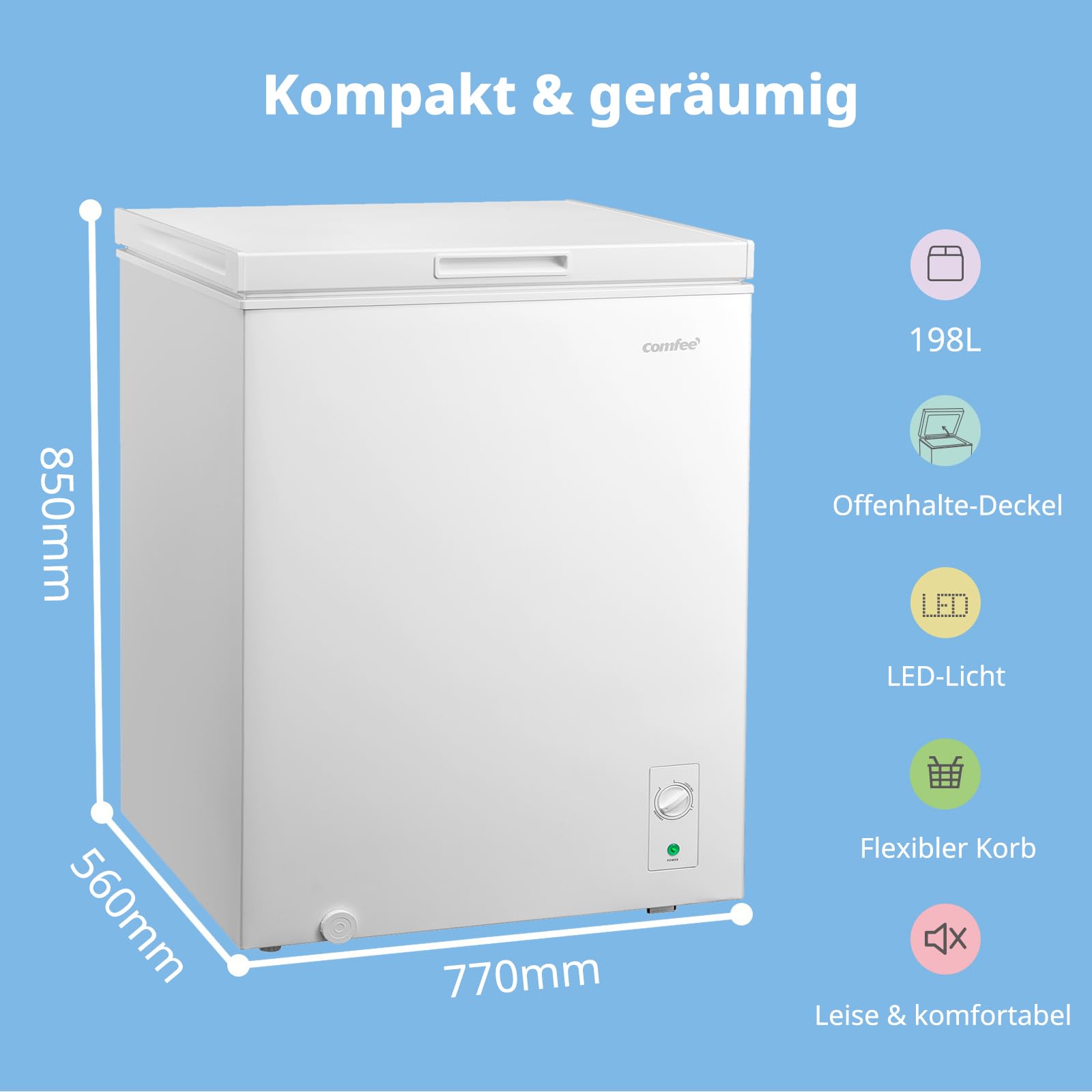 Comfee 198L Gefriertruhe, leise 37 dB, 4-Sterne-Gefrieren, Kühl-/Gefrier-Konvertierung (1–10°C / -24––12°C), 24‑h‑Schnellgefrierung 9kg, Energiesparender Inverter-Kompressor, Aluminium-Innenraum