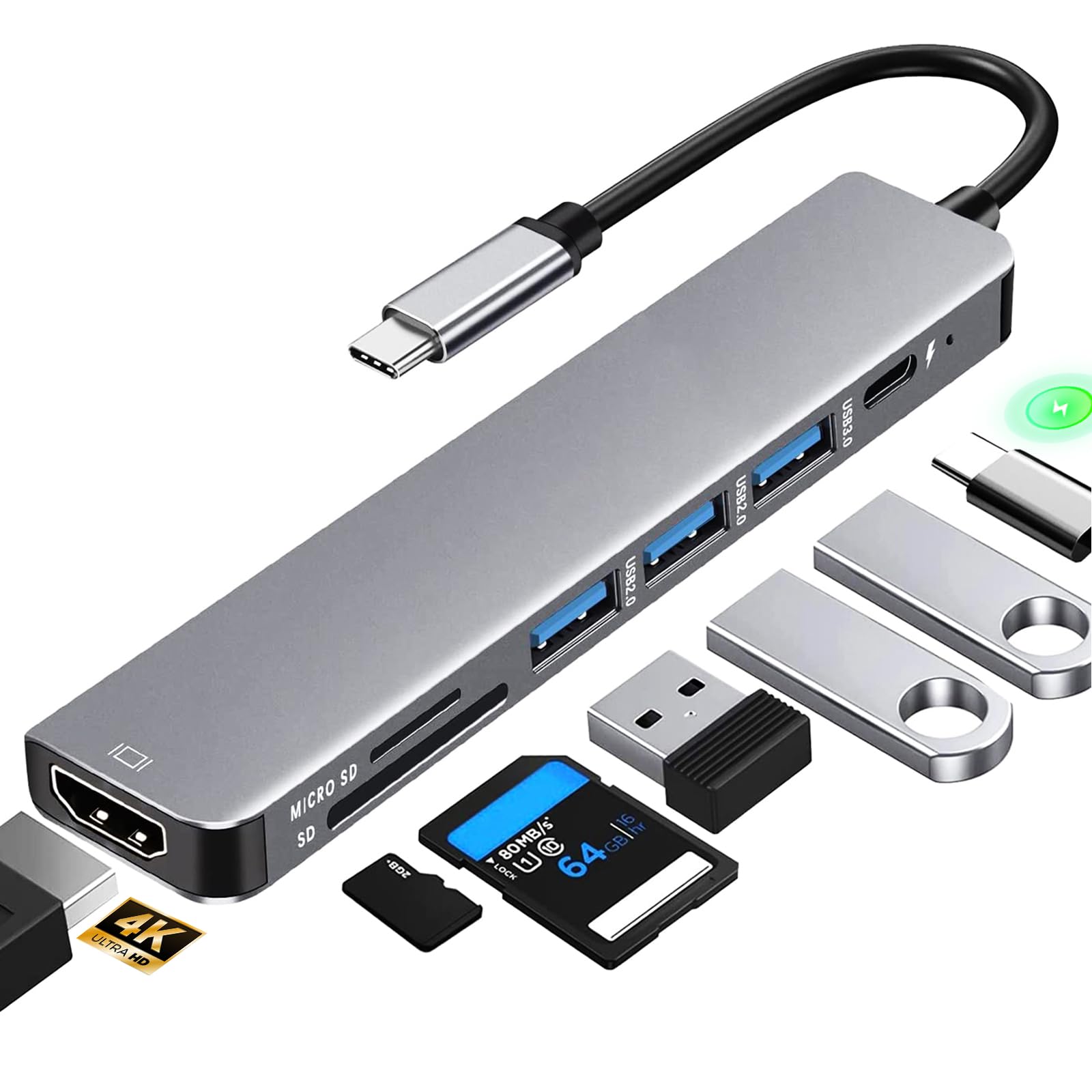 USB ハブ タイプc usbポート 増設 マルチポート 7-in-1 【USB3.0高速データ転送+SD&TF カードリーダー+PD 87W急速充電+4K HDMI映像出力】 HDMI Type C 変換アダプタ MacBook Pro/ChromeBook/iPad Pro/Galaxy S10 S9 S8 Plusなど対応