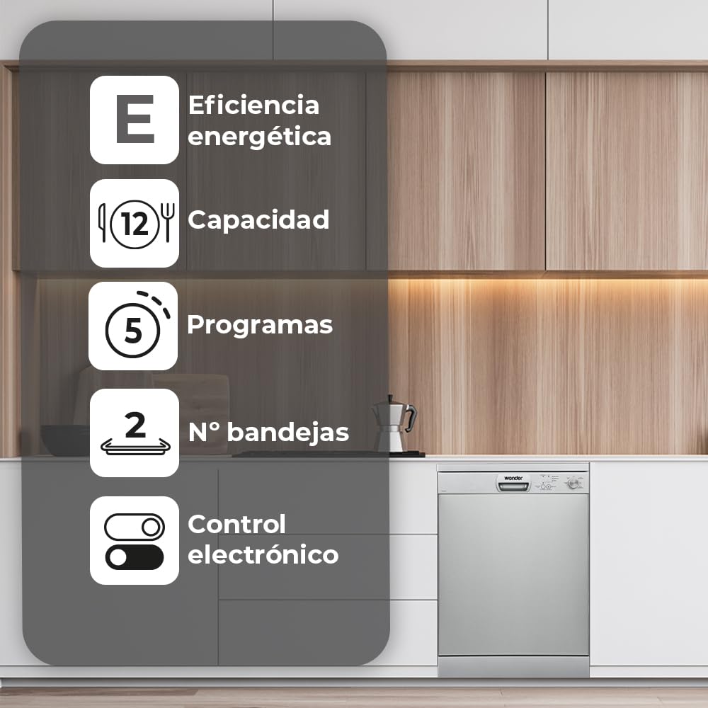 Wonder Lavavajillas 60 cm Inox WJ12600EX. 1900W, 12 Cubiertos, 2 Bandejas, 5 Programas, Control Electrónico, Función Stop&Go, Secado Super Active, Bajo nivel Sonoro, Eficiencia Energética Clase E
