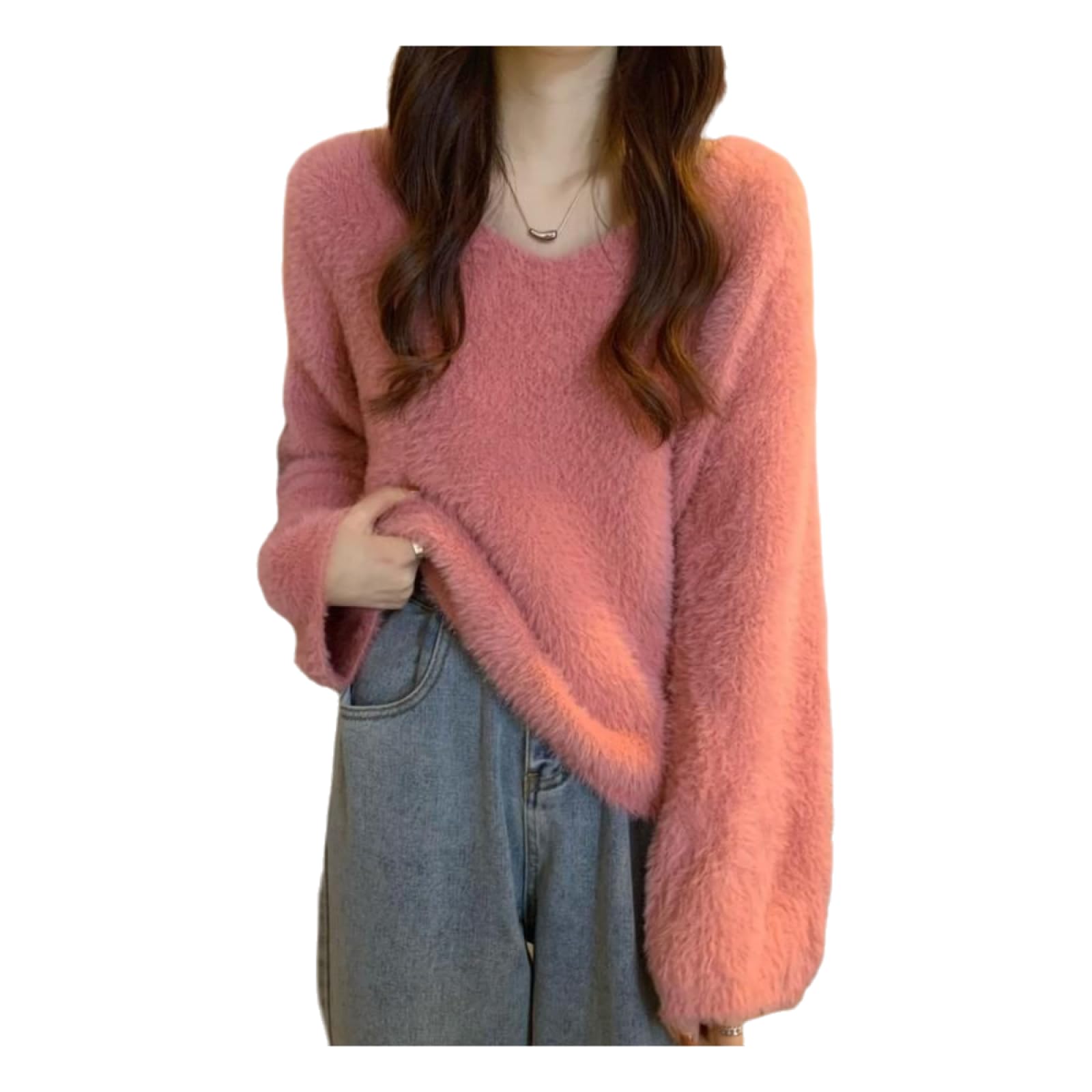 Damski sweter w stylu Lazy z dekoltem w serek z miękkiej imitacji polaru, puszysty sweter z moheru, luźny stylowy sweter z dzianiny, sweter z delikatnej dzianiny damski