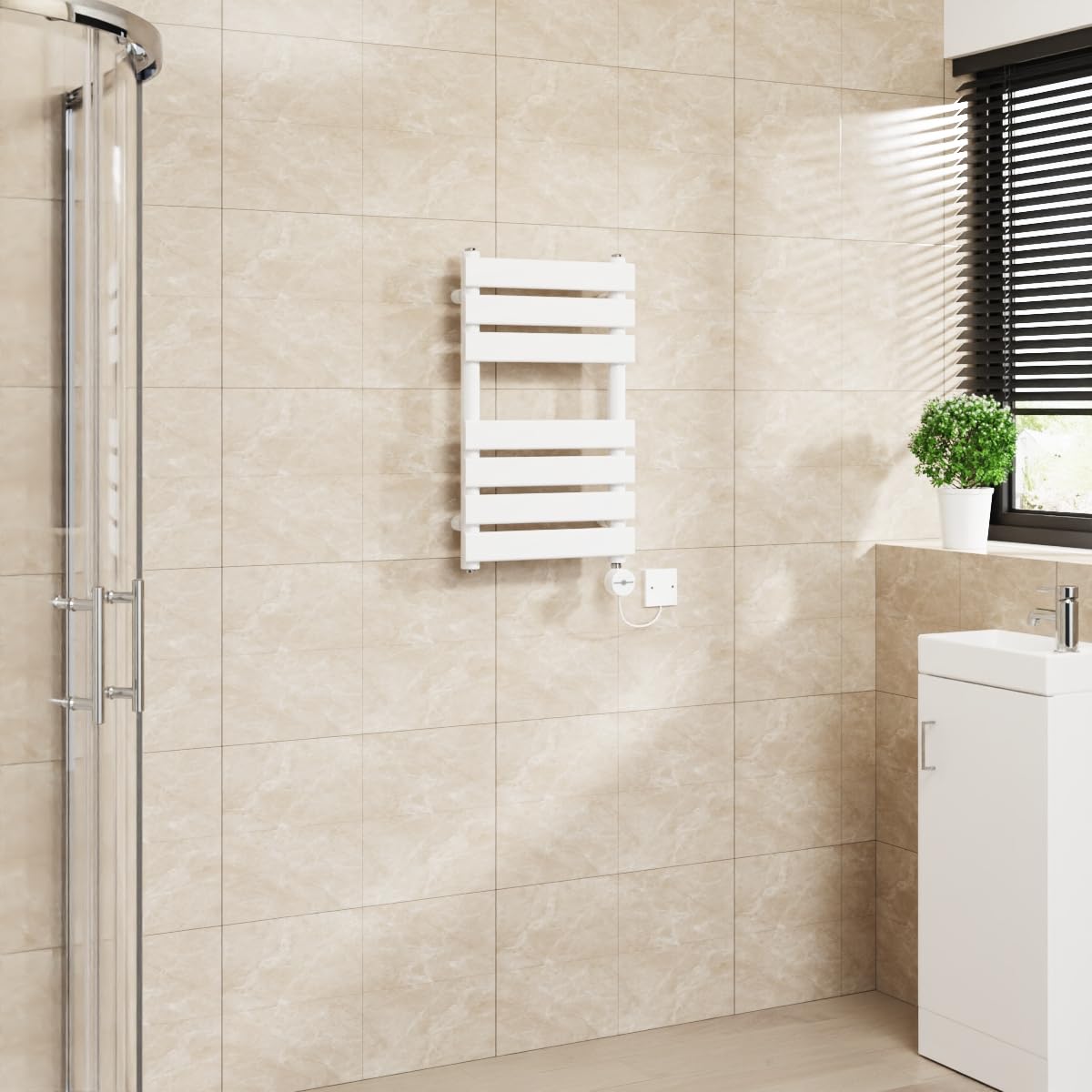 Warmehaus White Flat Panel Electric Heated Towel Rail Touch Screen Timer Bathroom Radiator Prefilled 650X400mm 400W