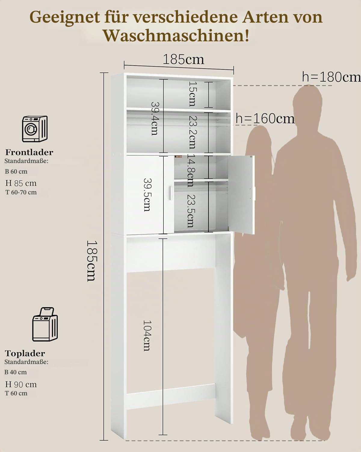 Waschmaschinenschrank Weiß 185x63x19.7cm, Waschmaschinenschrank mit Türen Badschrank Hochschrank mit 2 Türen & 2 Ebenen Waschmaschine Schrank Überbau Badezimmermöbel Mehrzweckschrank
