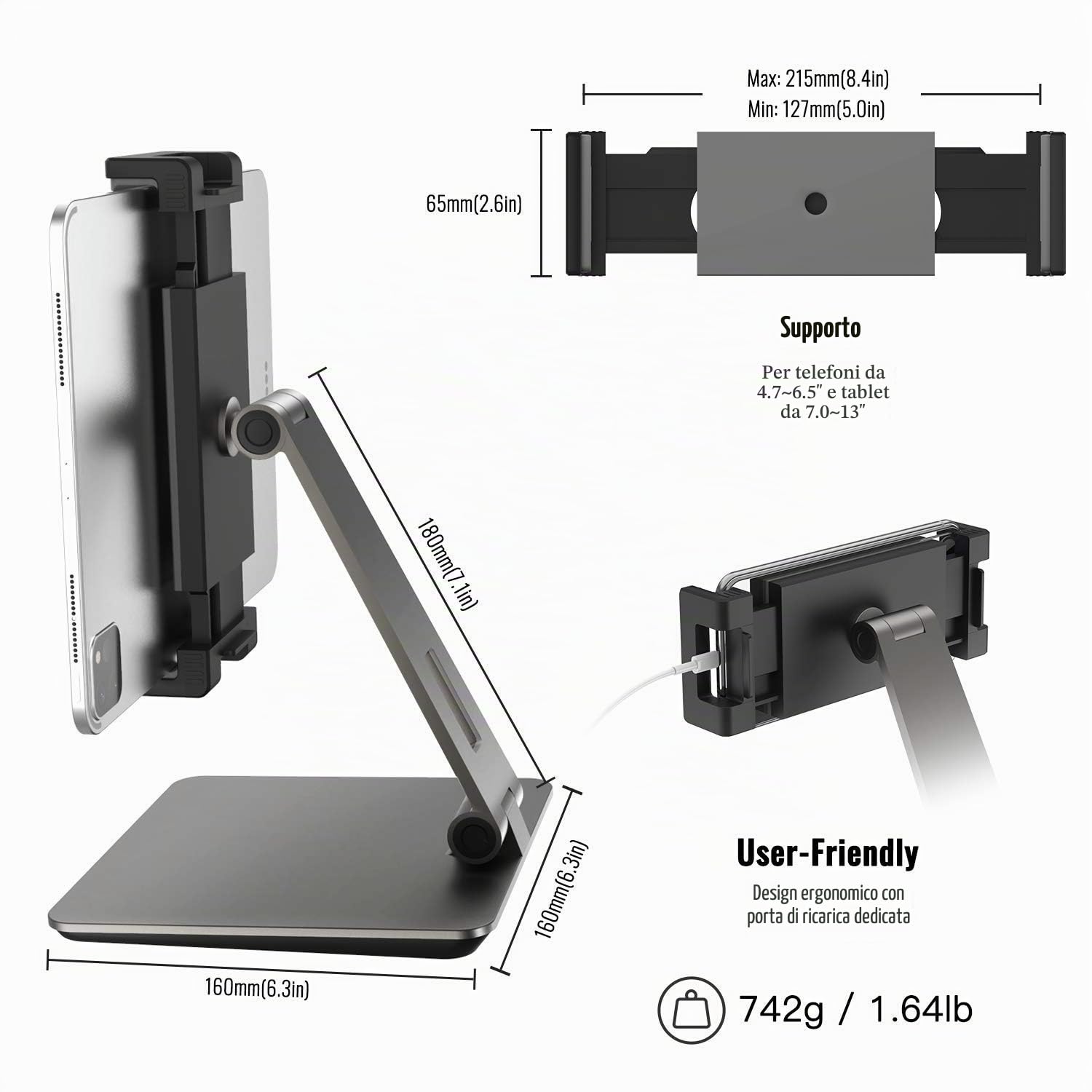 Supporto per Tablet, Regolabile Rubusto e Resistente Alluminio Supporto, 360° Girevole Pieghevole Metallo Porta, Adatto per iPad, Samsung Tab, Kindle (4,7-13") (Grigio)